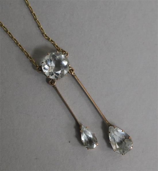 An early 20th century yellow metal and aquamarine double drop pendant necklace, pendant 44mm.